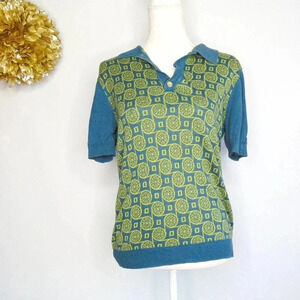 Urban Outfitters Womens Polo Shirt Blue Green Novelty Short Sleeve Collar S